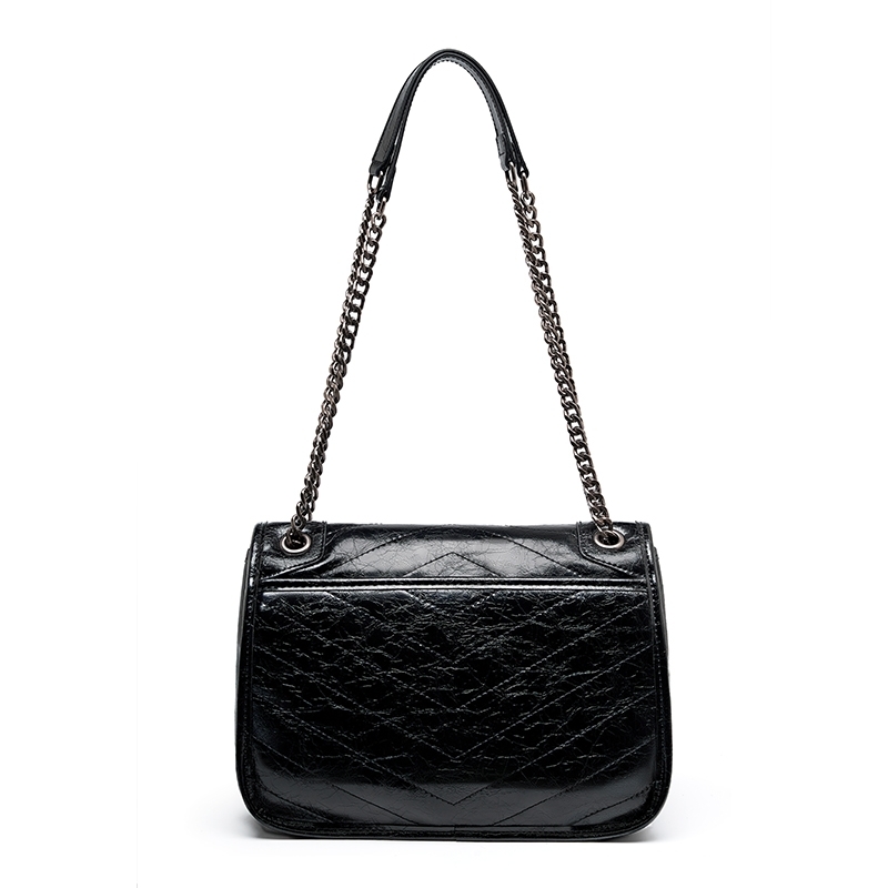 Black Oil Leather Flap Quilted Shouler Bags With Chain