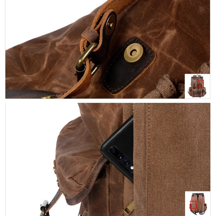Brown Retro Canvas Buckle Flap Large Backpack Outdoor Waterproof Bag