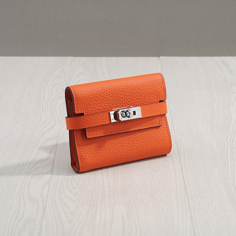 Orange Belt Lock Genuine Leather Wallet Litchit Grain Short Wallet