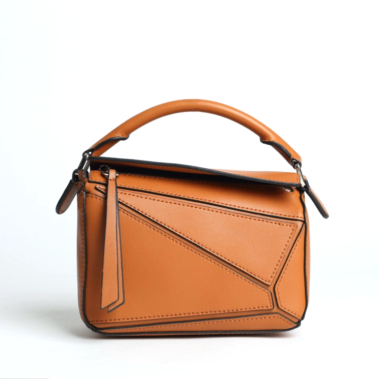 Tan Leather Geometric Trim Handbags Zipper Square Shoulder Bags