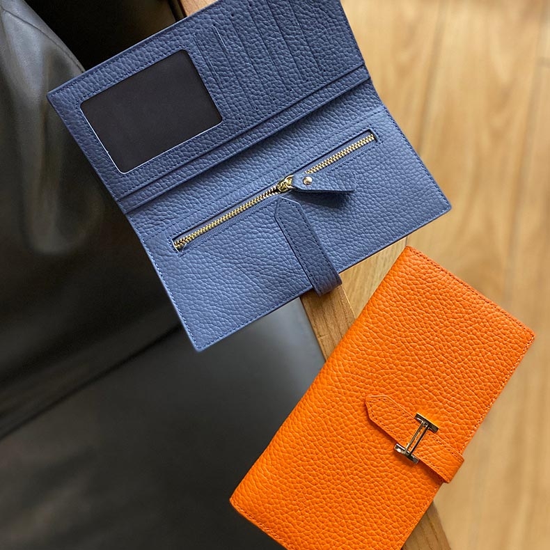 Orange Litchi Grain Long Wallet Genuine Leather Belt Wallet