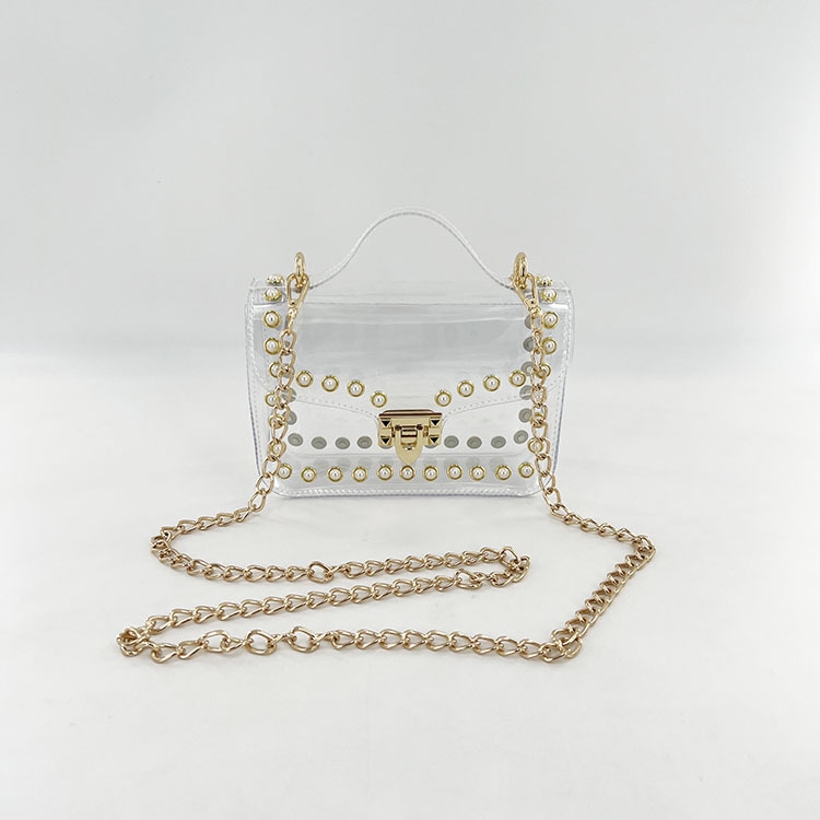 Pearl Embellished Top Handle Clear Satchel Crossbody Bag with Chain Strap