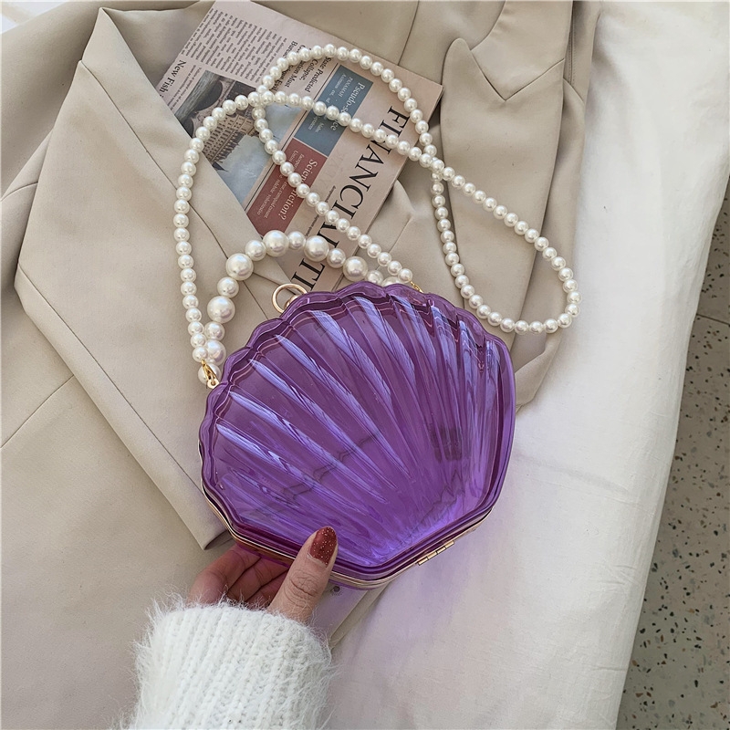 Purple Pearl Strap Transparent Clutch Bags Small Clear Purse