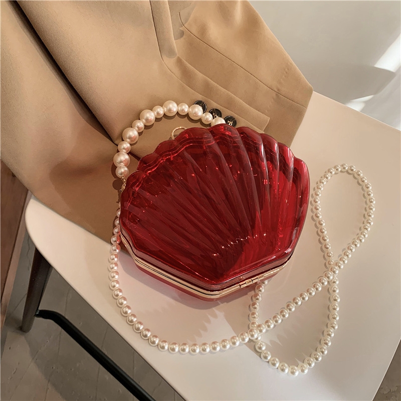 Red Pearl Strap Transparent Clutch Bags Small Clear Purse
