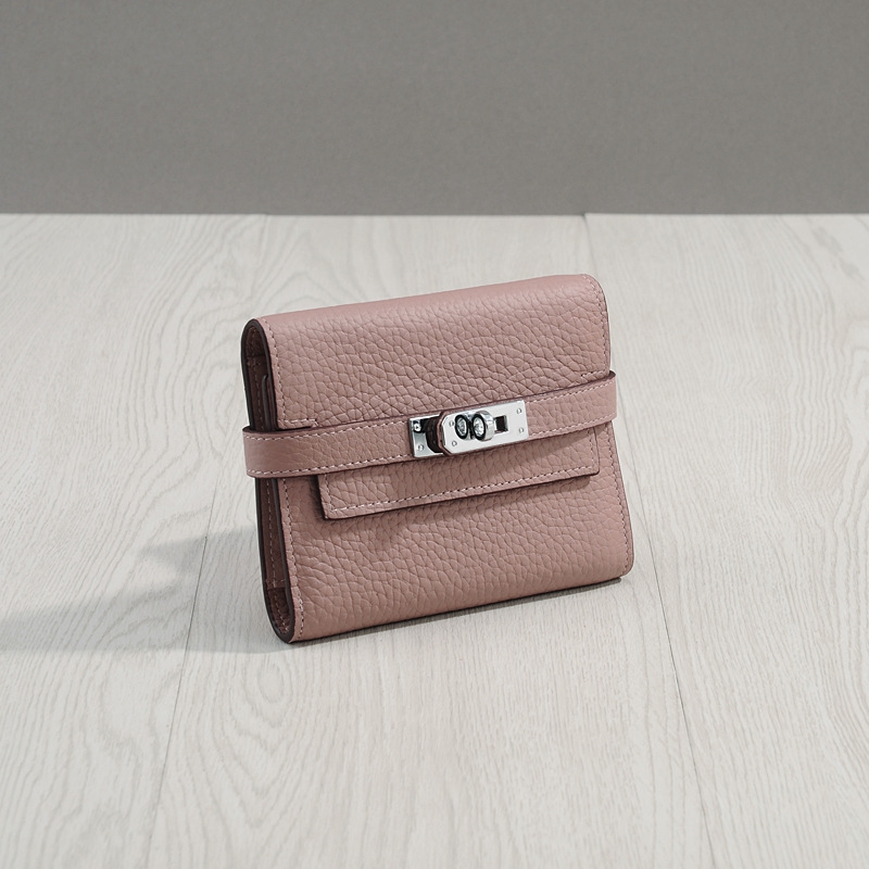 Pink Belt Lock Genuine Leather Wallet Litchit Grain Short Wallet