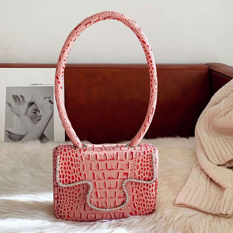Pink Crocodile Print Crystal Flap Leather Shoulder Bags