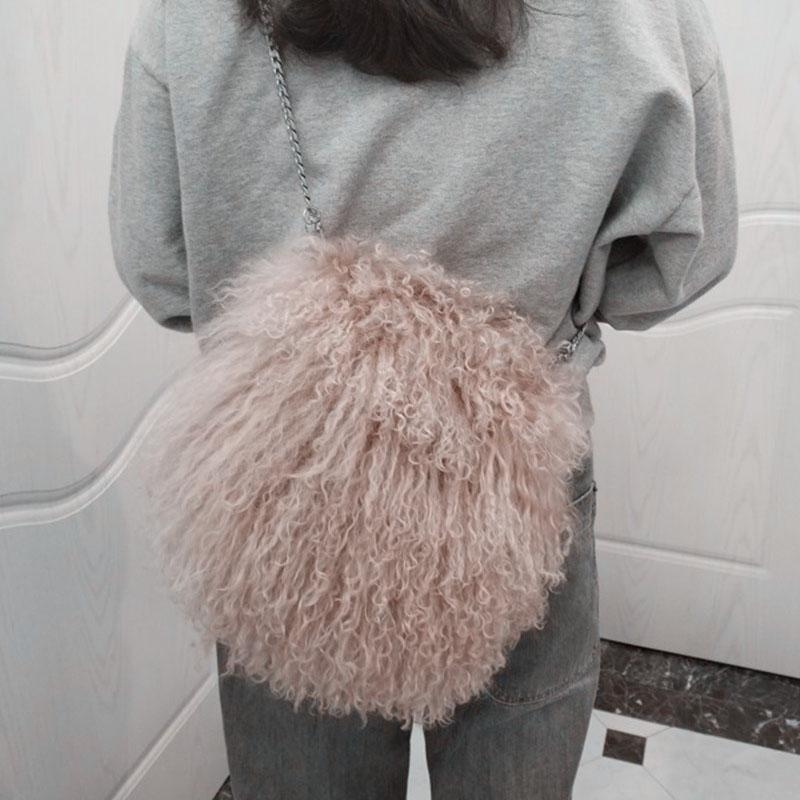 Grey Faux Fur Crossbody Purse Chain Fluffy Handbag Furry Round Bag