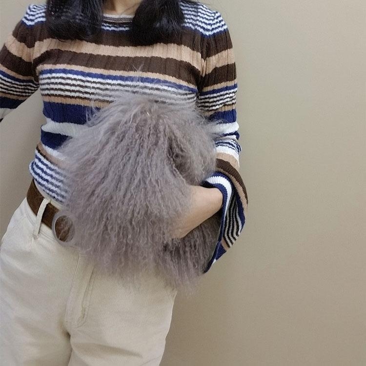 Grey Faux Fur Crossbody Purse Chain Fluffy Handbag Furry Round Bag