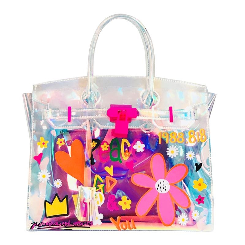 Medium Pink Floral Holographic Satchel Handbags Shoulder Clear Purse