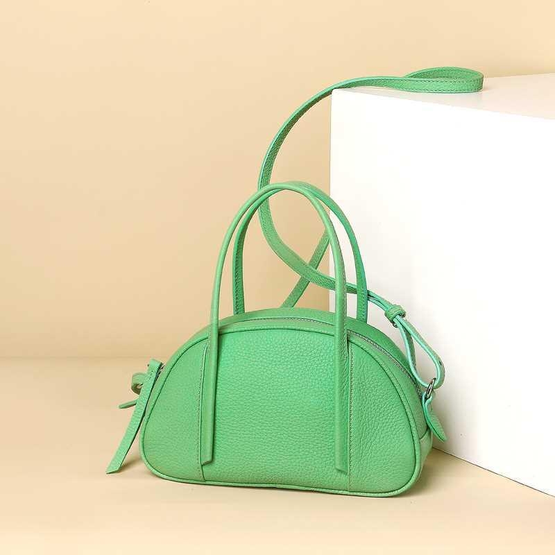 Green Leather Crossbody Bag Litchi Grain Top Handle Hand Purse 