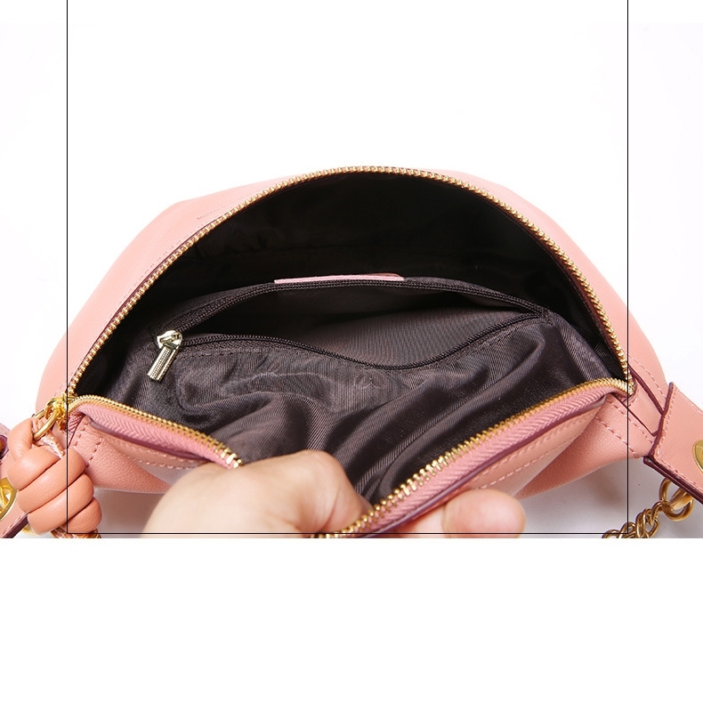Pink Genuine Leather Zipper Fanny Pack Chain Strap Belt Bags