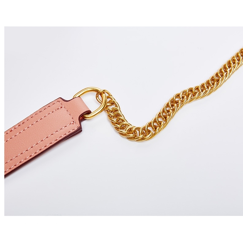 Pink Genuine Leather Zipper Fanny Pack Chain Strap Belt Bags