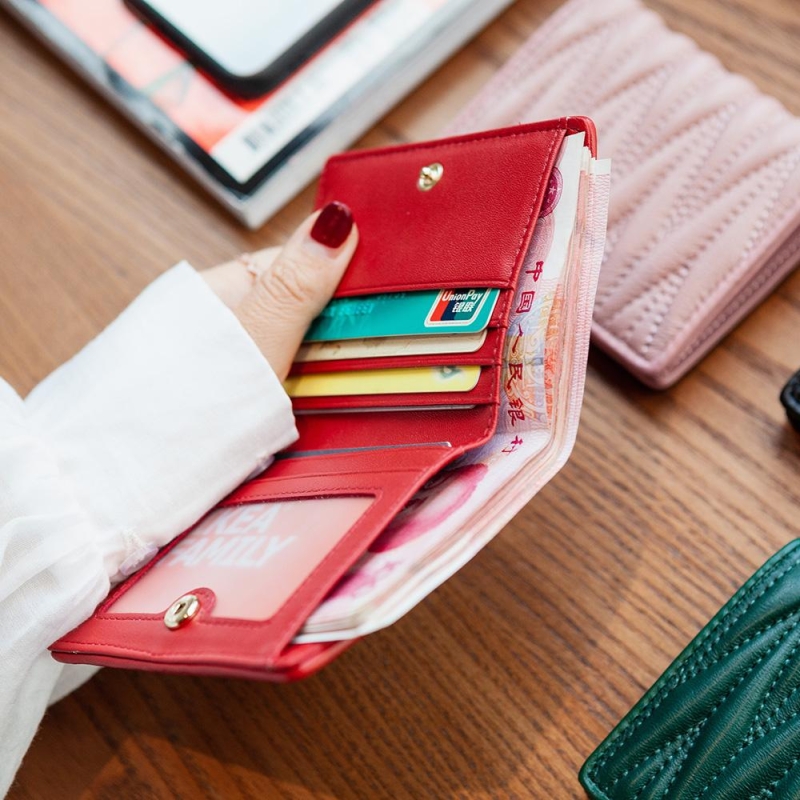 Green Leather Pleat Card Holder Fold Wallet for Women
