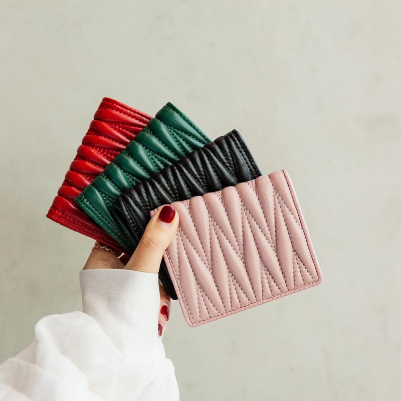 Green Leather Pleat Card Holder Fold Wallet for Women