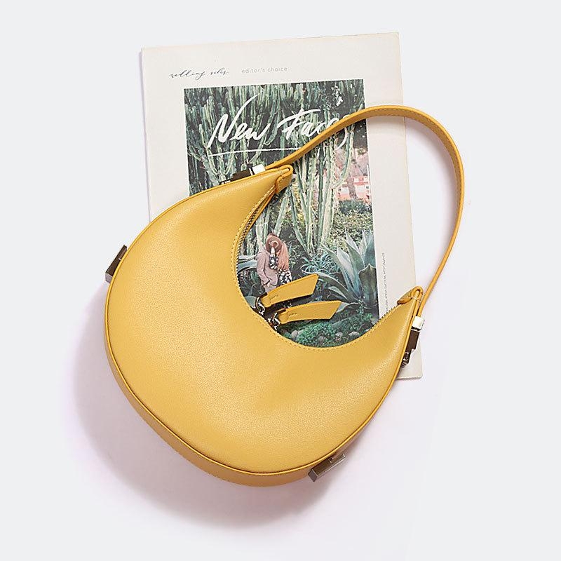 Yellow Leather Minimalist Half Moon Shoulder Bag with Adjustable Strap