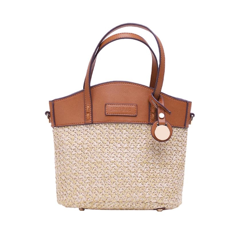 Straw Tote with Brown Leather Handles Summer Straw Bucket Handbags 