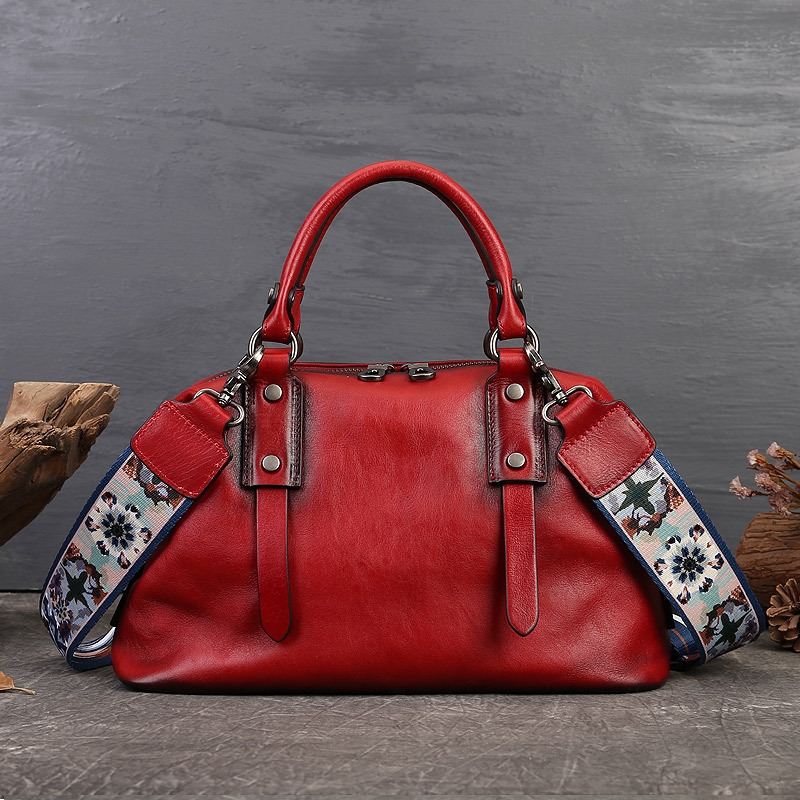 Retro Red Leather Boston Handbags Travel Business High Quality Handbags