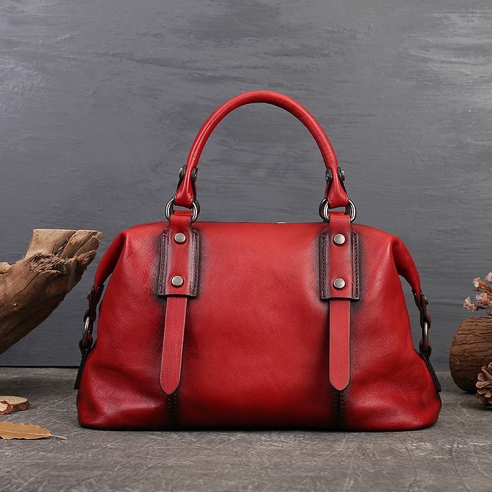Retro Red Leather Boston Handbags Travel Business High Quality Handbags