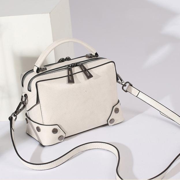 White Genuine Leather Satchel Crossbody Purse Rivet Zipper Handbag 
