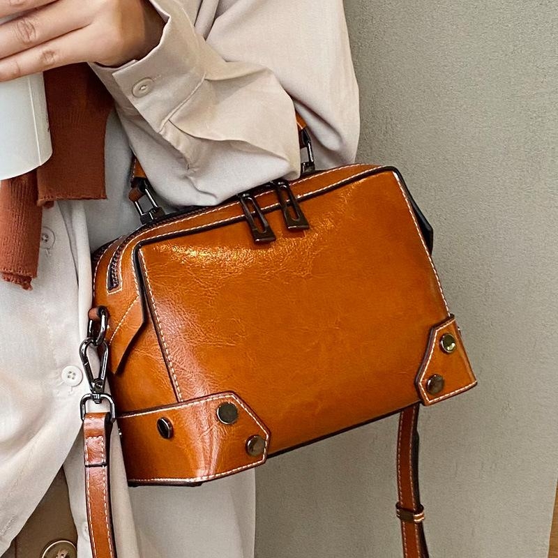 Brown Genuine Leather Satchel Crossbody Purse Rivet Zipper Handbag 
