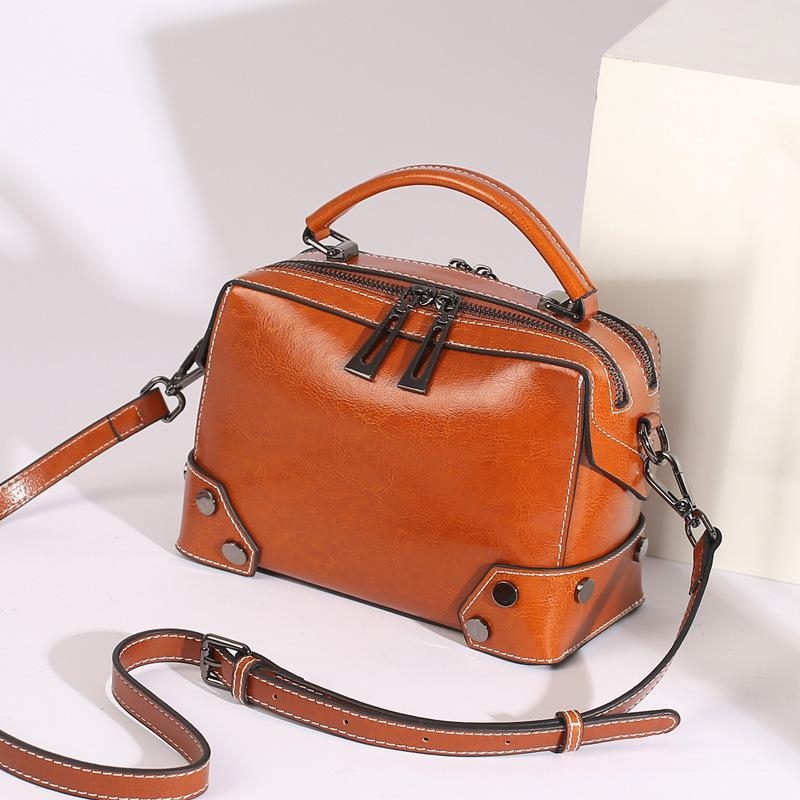 Brown Genuine Leather Satchel Crossbody Purse Rivet Zipper Handbag 