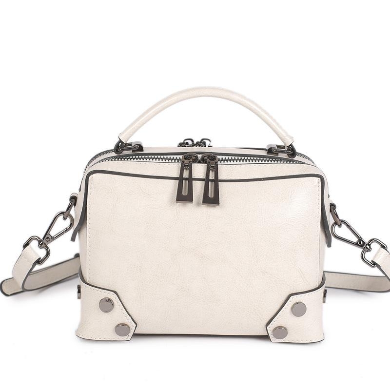 White Genuine Leather Satchel Crossbody Purse Rivet Zipper Handbag 