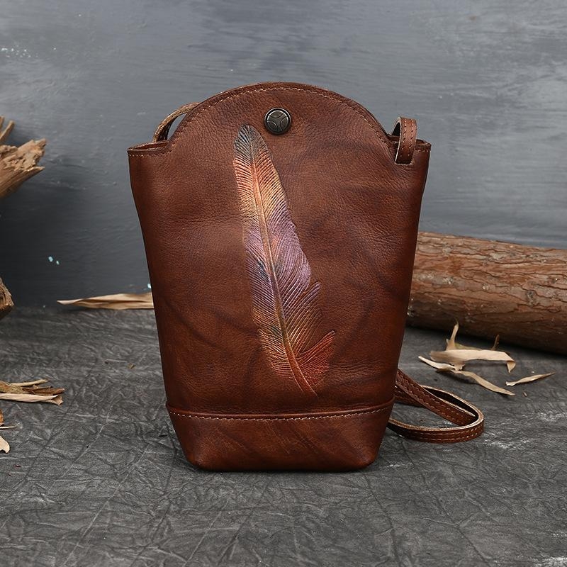 Dark Brown Leaf Genuine Leather Bucket Bag Retro Crossbody Bags