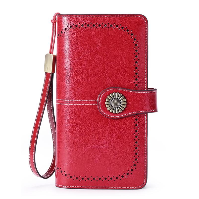 Red Retro Accordion Zipper Leather Long Wallet | Baginning