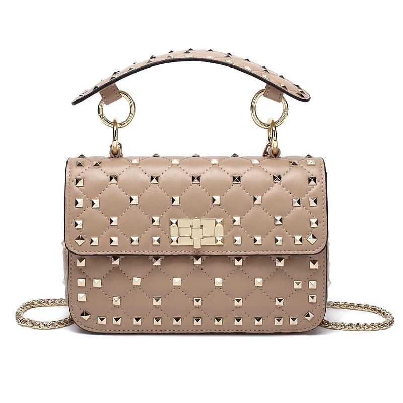 Nude Rockstud Leather Quilted Handbags Foldover Crossbody Chain Bags