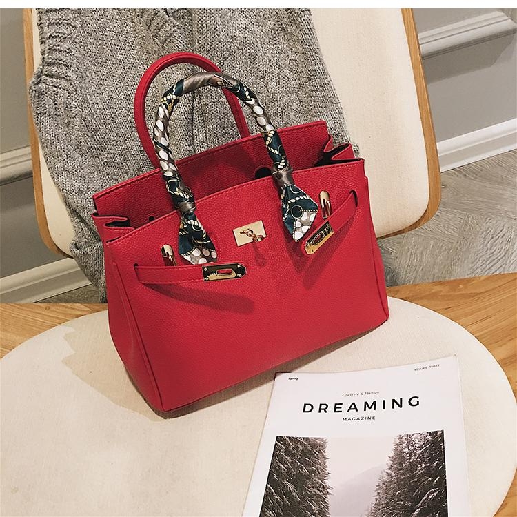 Red Vegan Leather Handbags Scarves Double Top Handle Satchel Bag