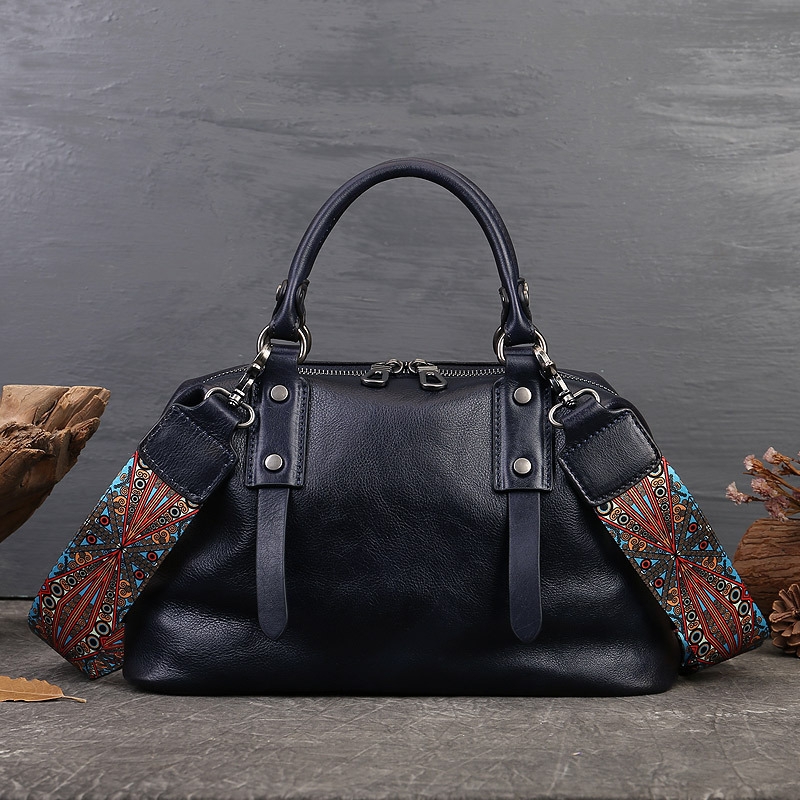 Retro Black Leather Boston Handbags Travel Business High Quality Handbags