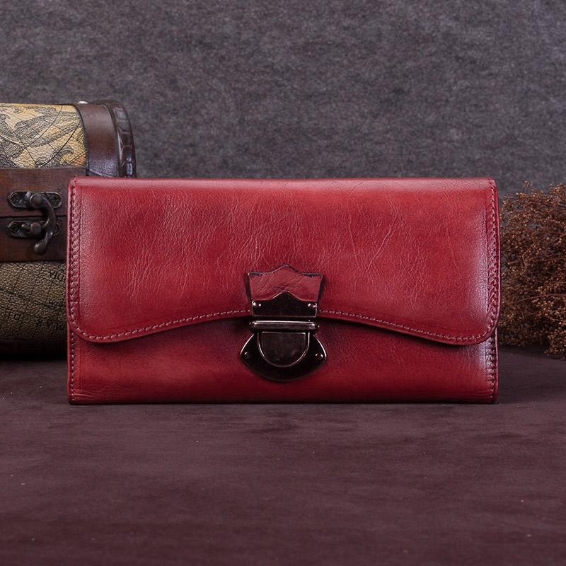 Brown Retro Buckle Cow Leather Long Wallet for Women