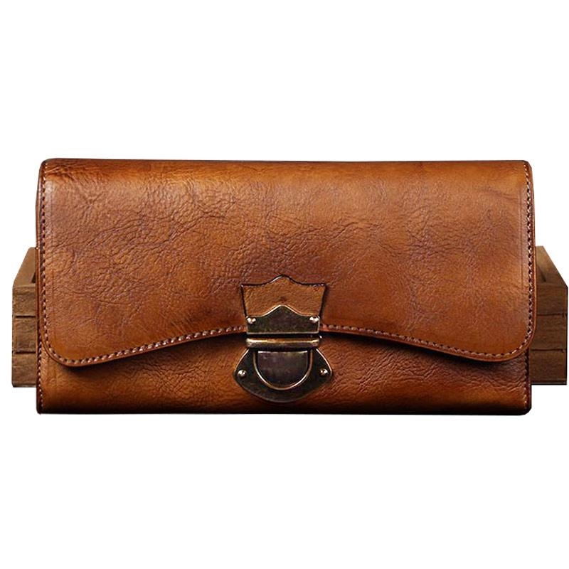 Brown Retro Buckle Cow Leather Long Wallet for Women