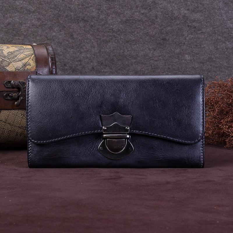 Coffee Color Retro Buckle Cow Leather Long Wallet for Women