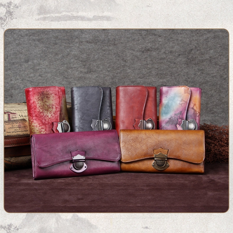 Retro Buckle Cow Leather Long Wallet for Women