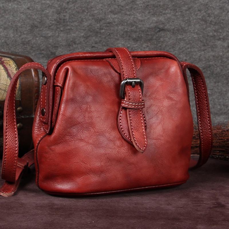 Red Retro Cow Leather Doctor Bag Shoulder Bags