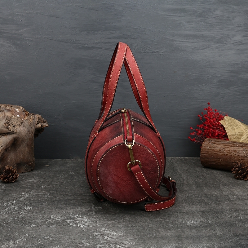 Maroon Retro Cylindrical Leather Boston Bags