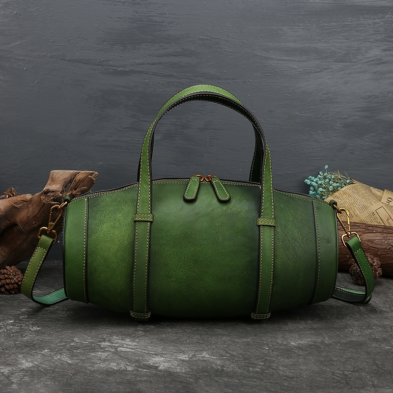 Green Retro Cylindrical Leather Boston Bags