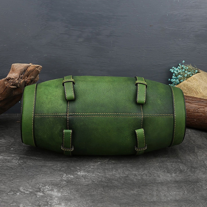 Green Retro Cylindrical Leather Boston Bags
