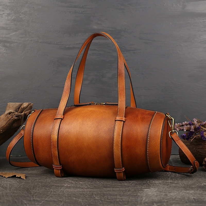 Brown Retro Cylindrical Leather Boston Bags