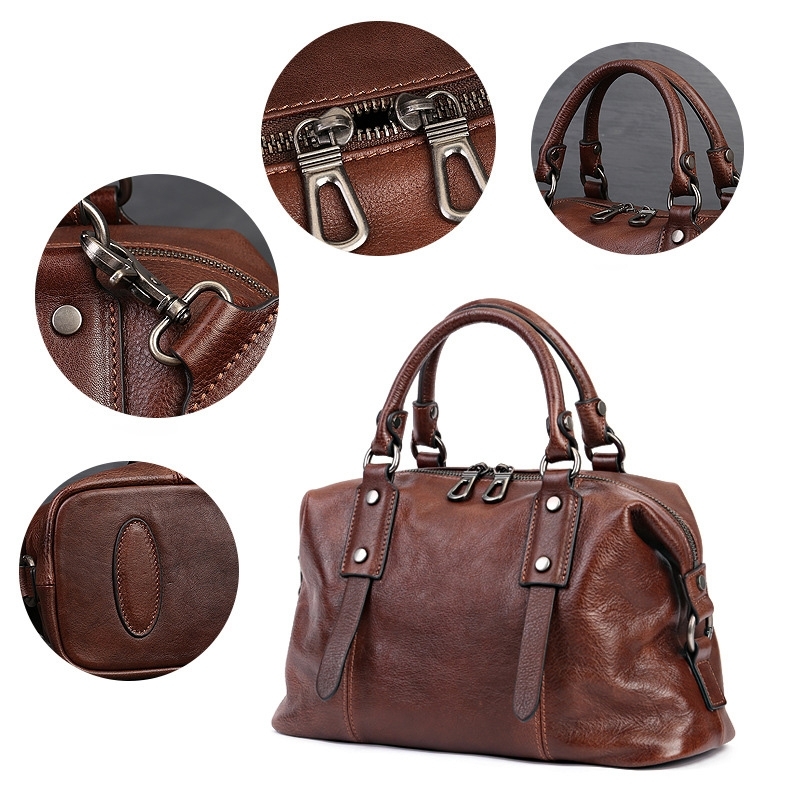 Retro Chocolate-color Leather Boston Handbags Travel Business High Quality Handbags