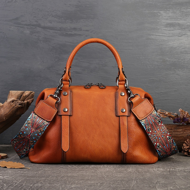 Retro Brown Leather Boston Handbags Travel Business High Quality Handbags