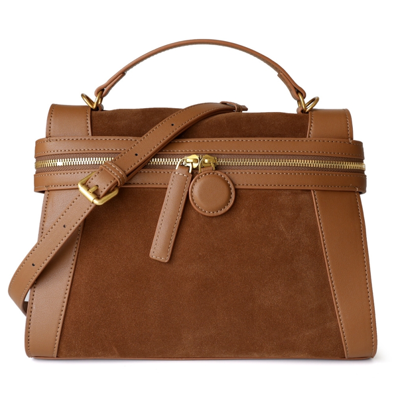 Brown Retro Zip Message Bags Top Handle Satchel Handbags