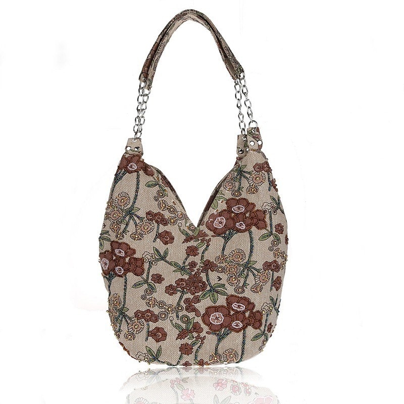 Brown Floral Hobo Bag Summer Canvas Shoulder Bag