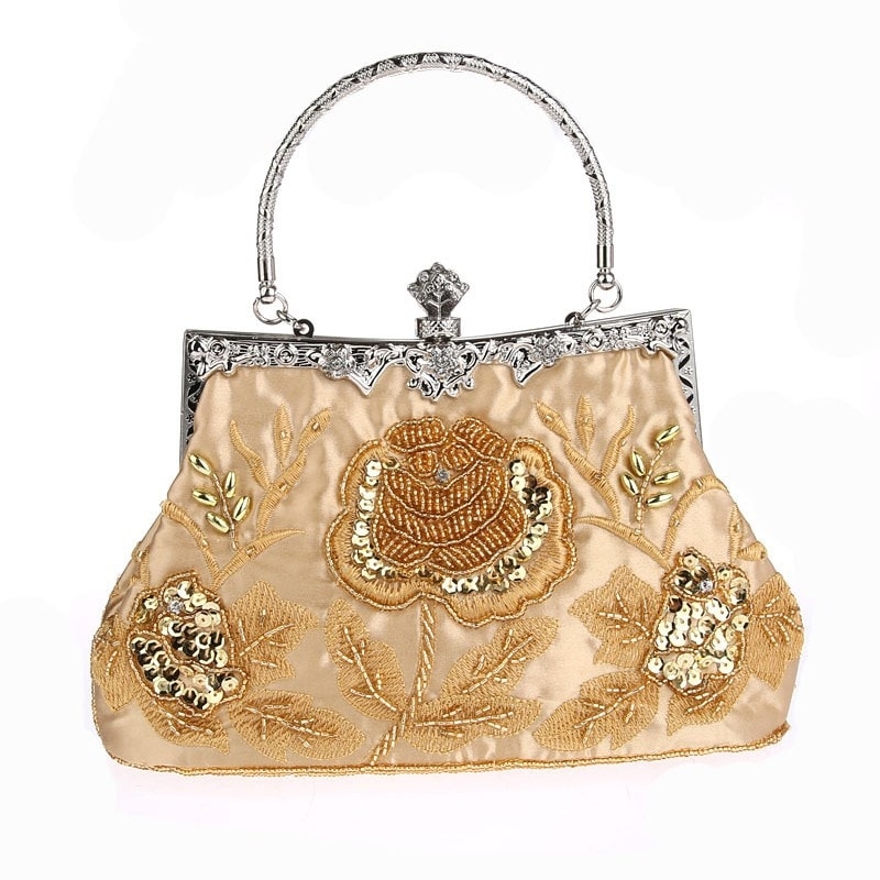 Gold Retro Sequin Rose Wedding Bags Bead Embroider Clutch Bags 