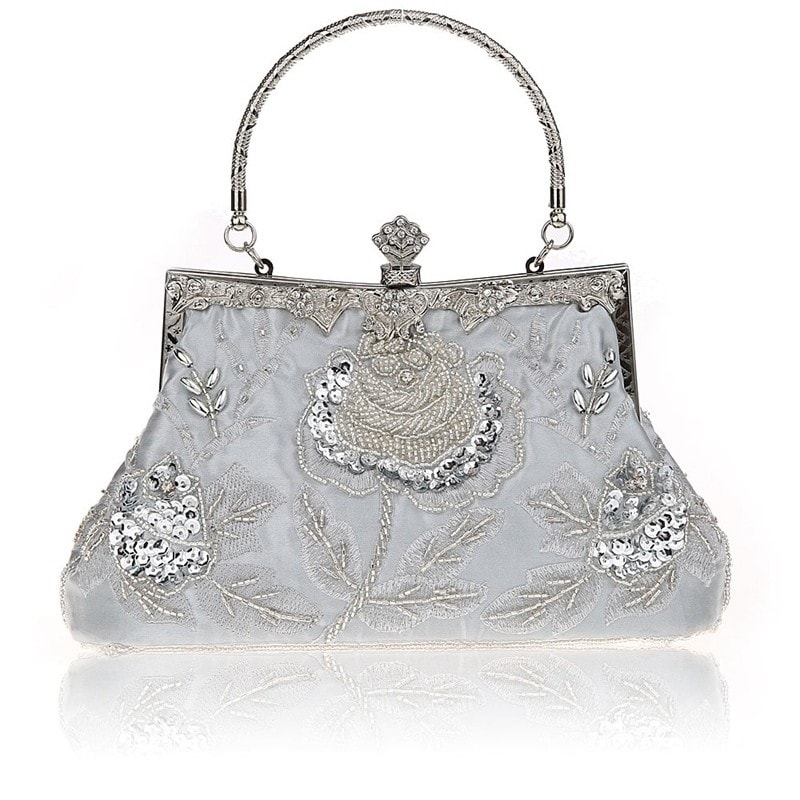 Grey Retro Sequin Rose Evening Bags Bead Embroider Clutch Bags