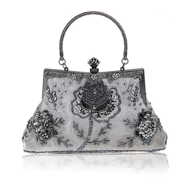 Silver Retro Sequin Rose Wedding Bags Bead Embroider Clutch Bags 