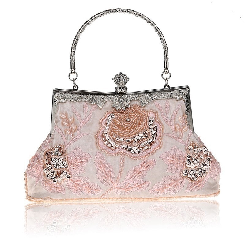 Pink Retro Sequin Rose Wedding Bags Bead Embroider Clutch Bags 