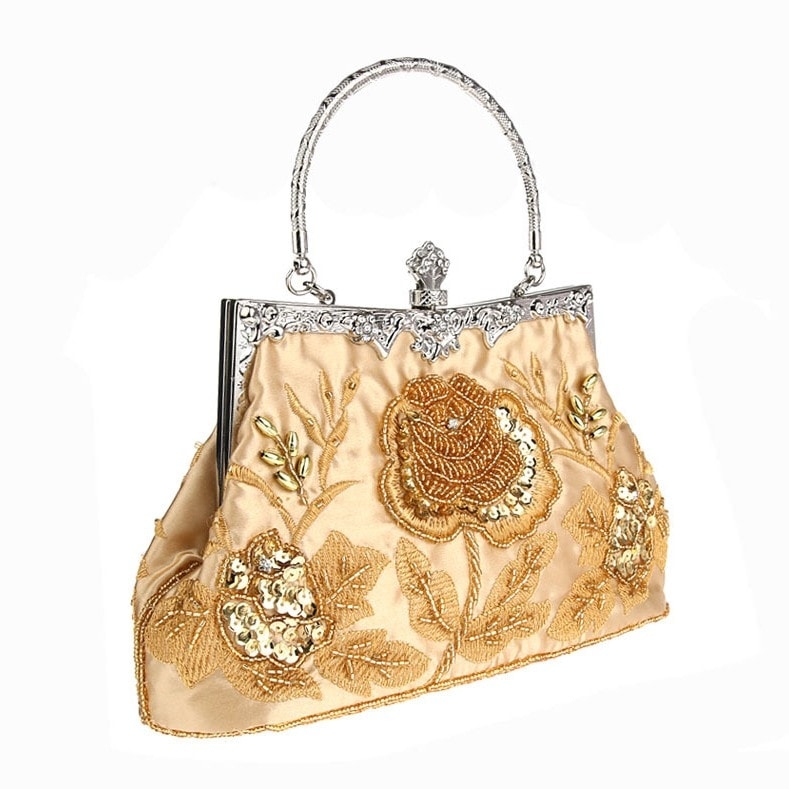 Gold Retro Sequin Rose Wedding Bags Bead Embroider Clutch Bags 