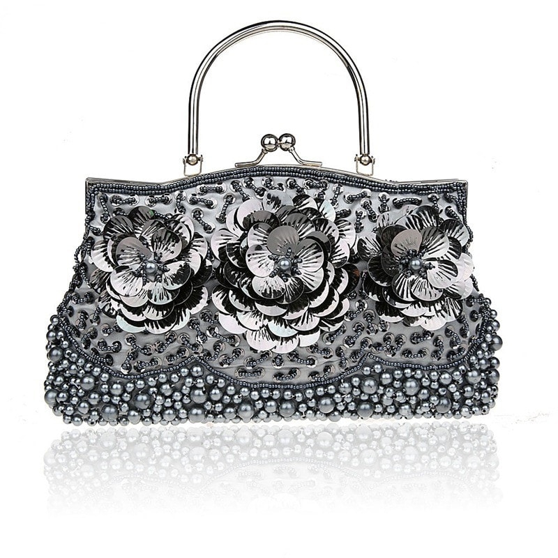 Silver beaded Sequined Flower Clutch Bags Evening Bags
